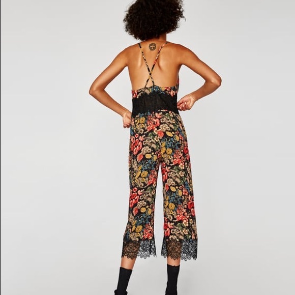NWT Zara Floral Lace Cropped Flowing Jumpsuit - Picture 3 of 8